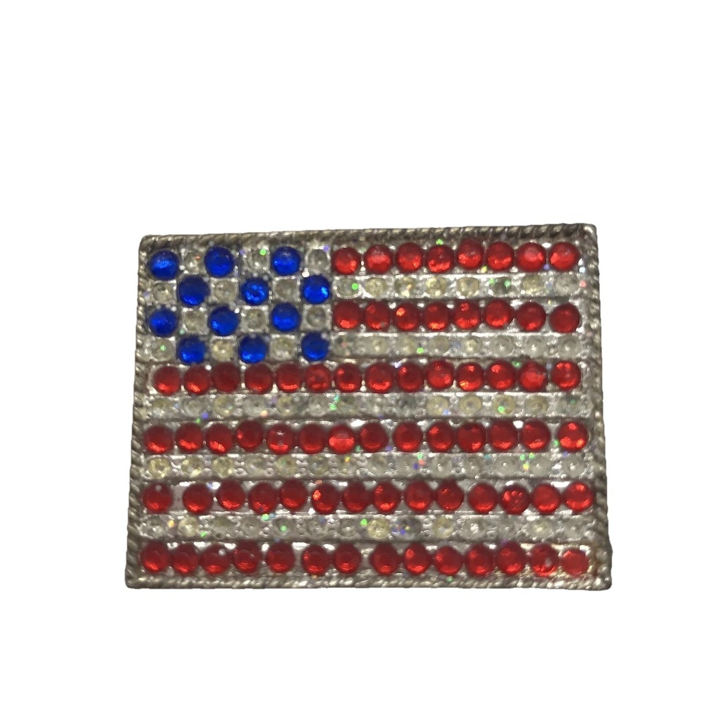 Vintage 4cm x 3cm Silvertone Metal American Flag Rhinestone Accented